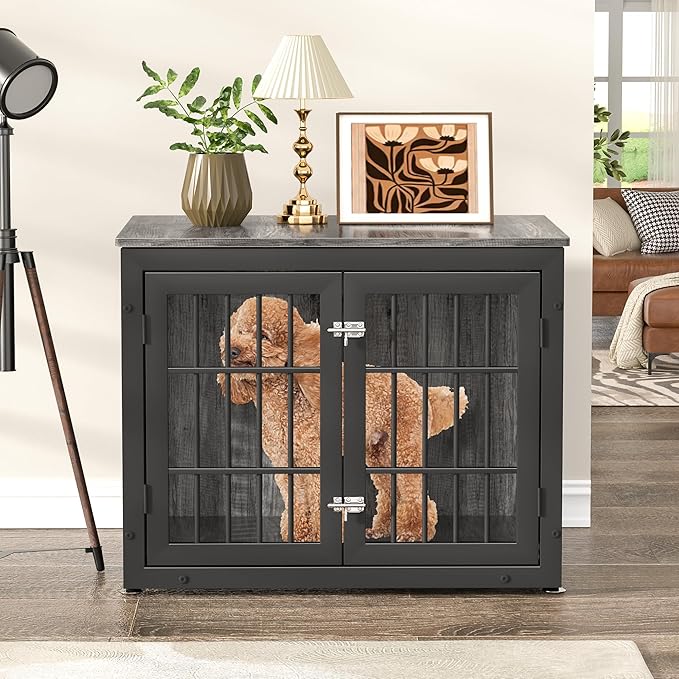 32" Heavy Duty Dog Crate Furniture for Small and Medium Dogs, Metal Kennel for High Anxiety Dogs, Chew Proof Pet Cage Indoor, Decorative Dog Kennel End Table-PurrikoPets