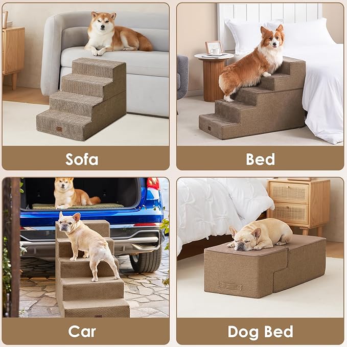 EHEYCIGA Dog Stairs for High Bed 25" H, 5-Step Extra Wide Dog Steps for Bed, Pet Steps for Small Dogs and Cats, Non-Slip Balanced Pet Ramp Indoor, Camel-PurrikoPets