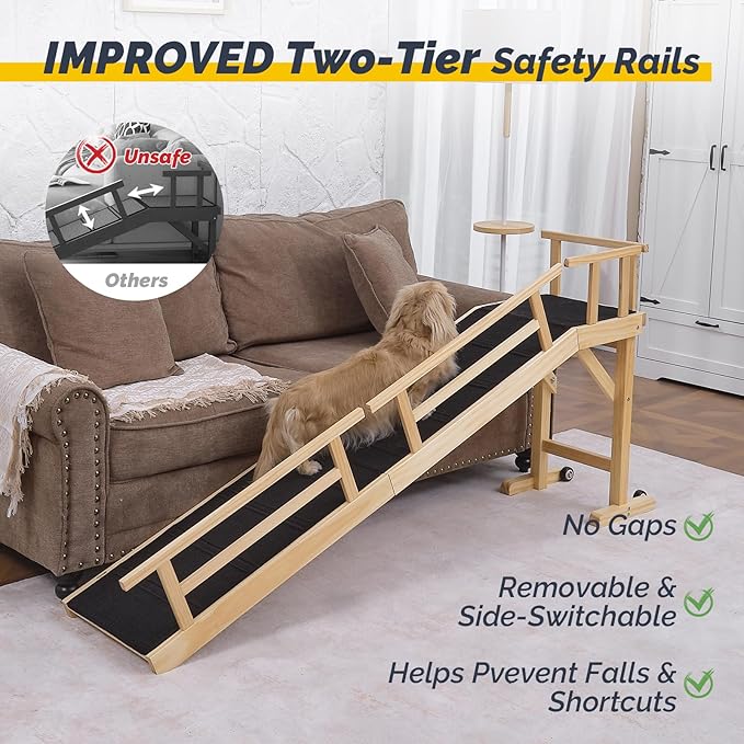 Dog Ramp for Bed or Couch, Wooden Pet Ramp with 20° Gentle Slope, Removable Side Rails, Non-Slip Surface, Top Platform & Wheels, Safe Bed Ramp for Small, Medium & Senior Dogs, 74" Long, Natural-PurrikoPets