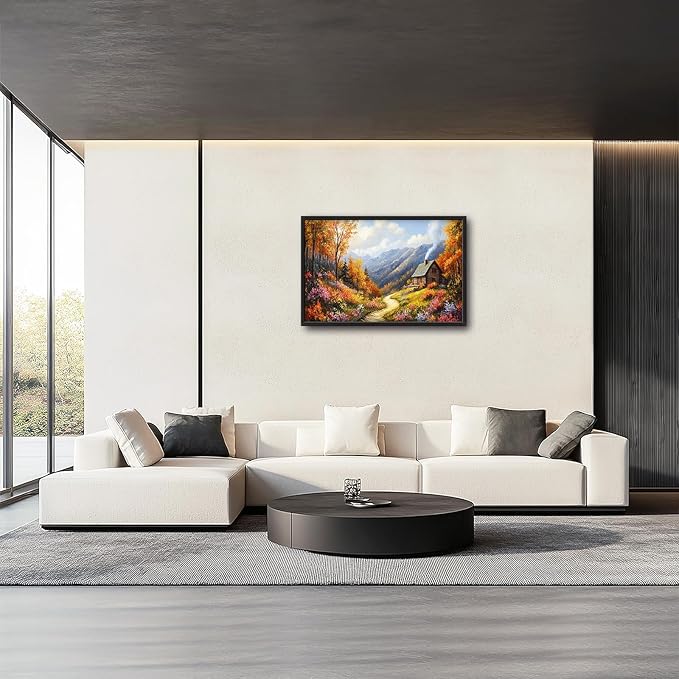 Framed Large Autumn Mountain Wall Art for Living Room, Oversized Wildflower Tree Wall Decor Nature Landscape Canvas Painting Modern Artwork Home Decoration for Living Room Bedroom 36"x24"-PurrikoPets