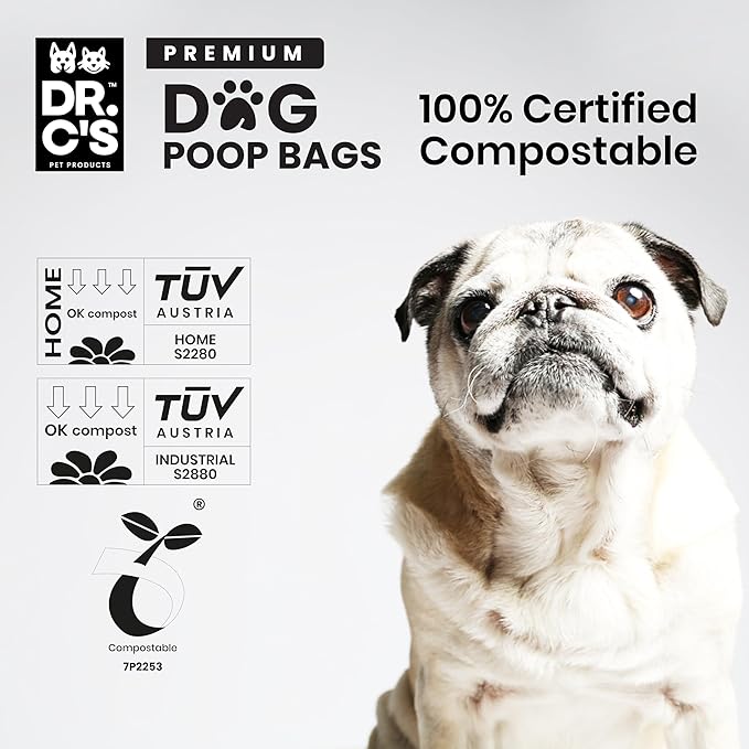 100% Certified Compostable Dog Poop Bags - Dr. C's Premium Dog Poop Bags - 270 Bags / 18 Rolls, Extra thick, Leak Proof, Unscented, Plant Based and Earth Friendly, Dispenser Included-PurrikoPets