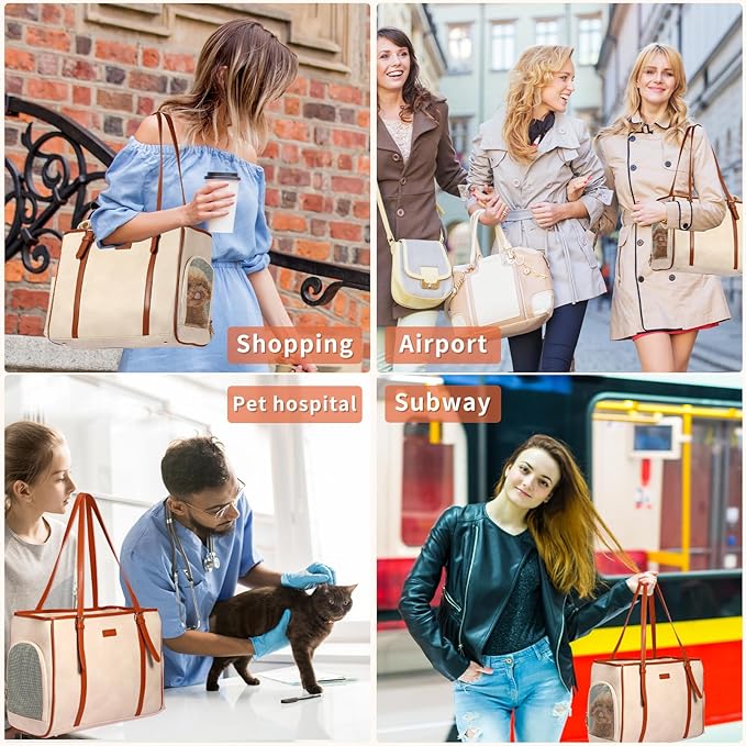 Fashion Dog Purse Pet Carrier Leather Bag for Small Dogs Cats Puppy, Portable Tote Bag Airline Approved Soft-Sided Carriers (Beign)-PurrikoPets