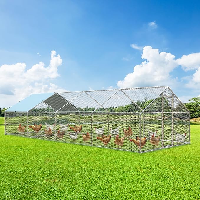 4ever2buy Large Metal Chicken Coop with Run Walk-in Poultry Cage Chicken Runs House Pen Cage Spire Roofed Chicken Coops with Anti-Ultraviolet Cover for Outdoor Backyard Farm Use 9.5’Lx24.9’Wx6.4’H-PurrikoPets