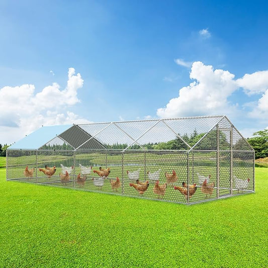 4ever2buy Large Metal Chicken Coop with Run Walk-in Poultry Cage Chicken Runs House Pen Cage Spire Roofed Chicken Coops with Anti-Ultraviolet Cover for Outdoor Backyard Farm Use 9.5’Lx24.9’Wx6.4’H-PurrikoPets