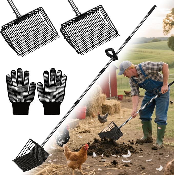 2 in 1 Chicken Poop Scooper Rake , 2 Rakes and 4 Sections Adjustable Stainless Steel Handle 37.4 - 68.9 Inch, Litter Scoop Chicken Coop Scoop for Animal Farm and Poultry Habitats with Gloves-PurrikoPets