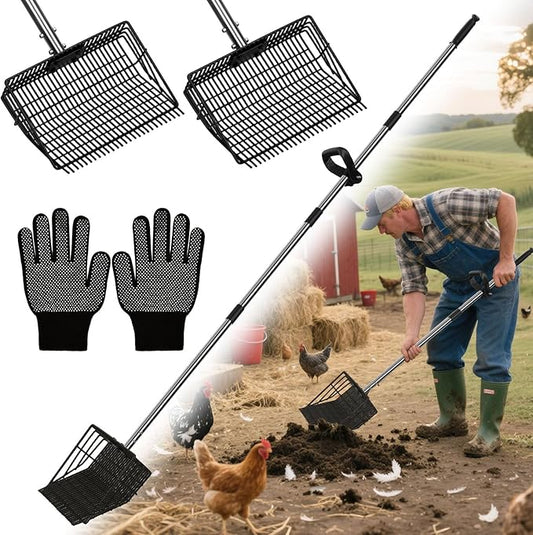 2 in 1 Chicken Poop Scooper Rake , 2 Rakes and 4 Sections Adjustable Stainless Steel Handle 37.4 - 68.9 Inch, Litter Scoop Chicken Coop Scoop for Animal Farm and Poultry Habitats with Gloves-PurrikoPets