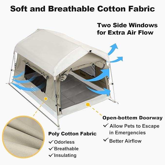 Dog Tent Cotton Fabric, Aluminum Poles and Camping Mat, Outdoor Weatherproof, Dog House Outdoor, Breathable with 2 Side Windows, Portable and Collapsible (Gray, Large)-PurrikoPets