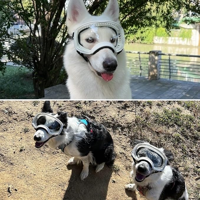 Dog Sunglasses UV Protection Clear Dog Goggles Windproof Glasses with Elastic Straps for Medium-Large Breed, White Frame + Clear Lens-PurrikoPets