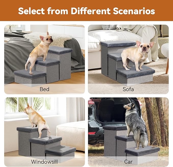 Dog Stairs with Furry Lids 18" H, 3-Step Wider Dog Steps with Storage for Small/Medium/Large Old Dogs Cats, Folding Sturdy Pet Stairs Climbing Bed Couch, Ramp for Car Hold Up to 200 lbs, Grey-PurrikoPets