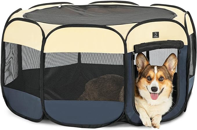 A4Pet Collapsible Playpen, 39.5” Portable Dog Playpen with Bowl, Suitable for Puppies, Kittens, and Small Animals, Removable Zipper & Mesh Panel(16”W × 10”H)-PurrikoPets