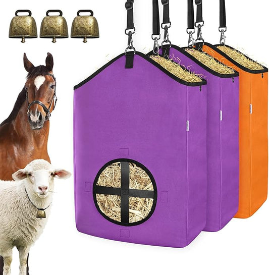 3 PCS Goat Hay Feeder,Hay Bags for Horses,Goats,Donkeys with Reinforced Oxford Fabric and High Strength Metal Clasp,Horse Feeding Supplies with Adjustable Strap for Easy Hanging(2Purple+1Orange)-PurrikoPets