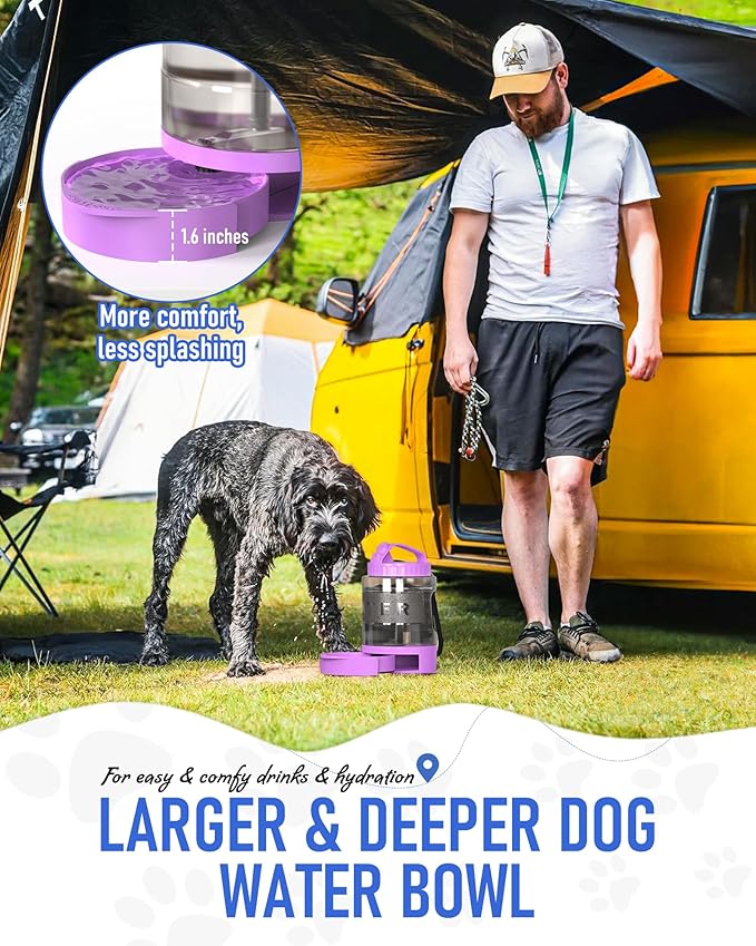 77oz Dog Travel Water Bottle, Large Portable Dog Water Bowl Dispenser, Leakproof Pet Drinking Bottle Dispenser for Hiking Camping Walking Travelling Beach Car Trips, No Spill, BPA Free,Purple-PurrikoPets