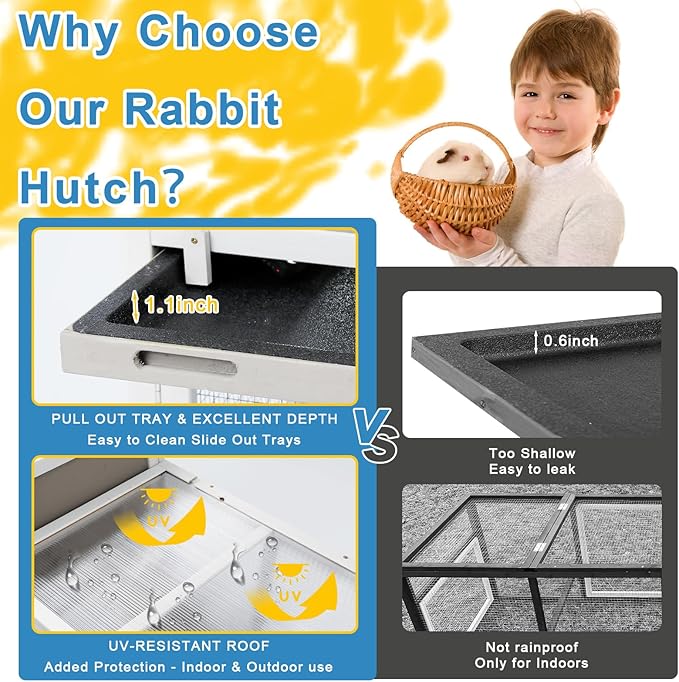 48" L Rabbit Hutch Outdoor Indoor Bunny Hutch Weatherproof, 2-Story Wood Rabbit Cage with Deep Tray, Chew-Resistant Ramp, UV Roof, Bunny House for Small Animal, Expandable Guinea Pig Cage-PurrikoPets