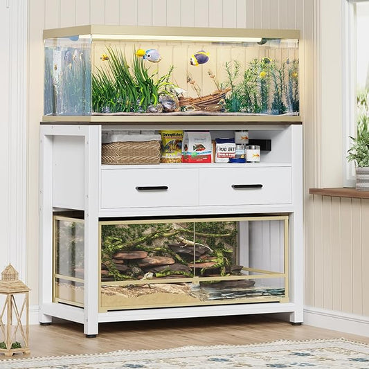 40-50 Gallon Fish Tank Stand with Power Outlet & 2 Storage Drawers, Heavy Duty Metal Frame Aquarium Stand with Waterproof Mat, 36.6" L*19.1" W Tabletop, 800LBS Capacity, White+Brown-PurrikoPets