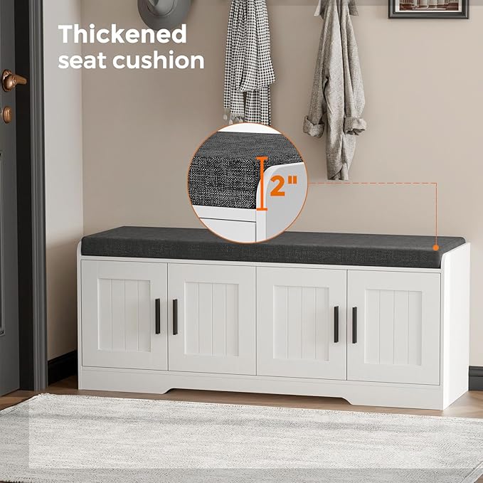 2-Tier Storage Bench, Shoe Bench with Thickened Padded Seat Cushion, Entryway Bench with 4 Doors, Adjustable Shelf, 13.8" D x 45.3" W x 18.5" H, for Entryway, Living Room, Bedroom, White-PurrikoPets