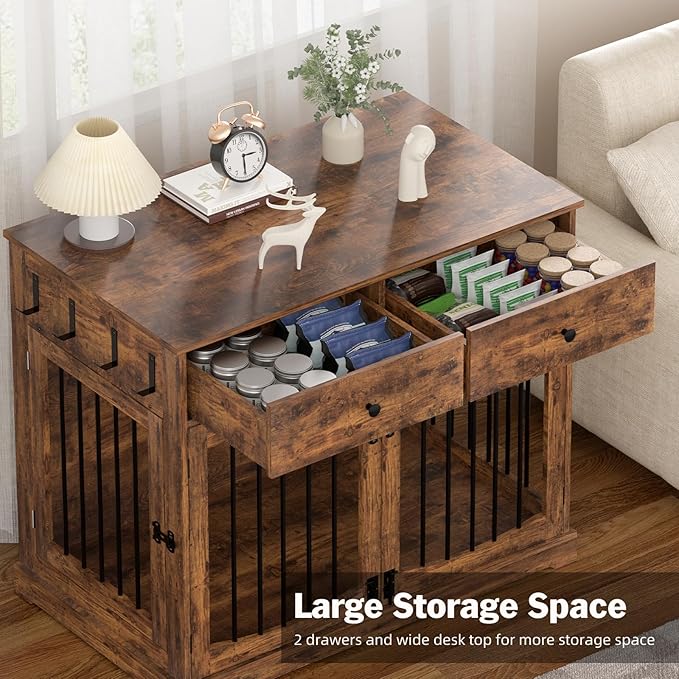 40 Inch Furniture-Style Dog Crate-Multipurpose Wood Pet Crate Furniture with Double Doors,2 Drawers, Decorative Dog House Indoor for Smal/Medium Dogs, Brown Finish-PurrikoPets