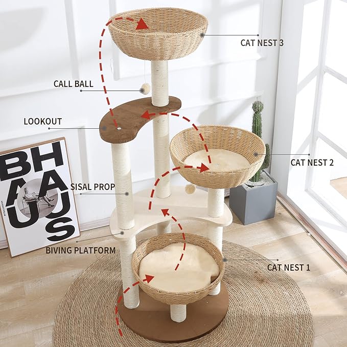 52" Modern Cat Tree Tower for Large Cats, 3Cat Nests Manual Hand Woven Multilevel Huge Paws Pals Cat Tree, Wood Cat Tower, Cat Scratching Tree, Cat Condo, Cat Lover Gift-PurrikoPets