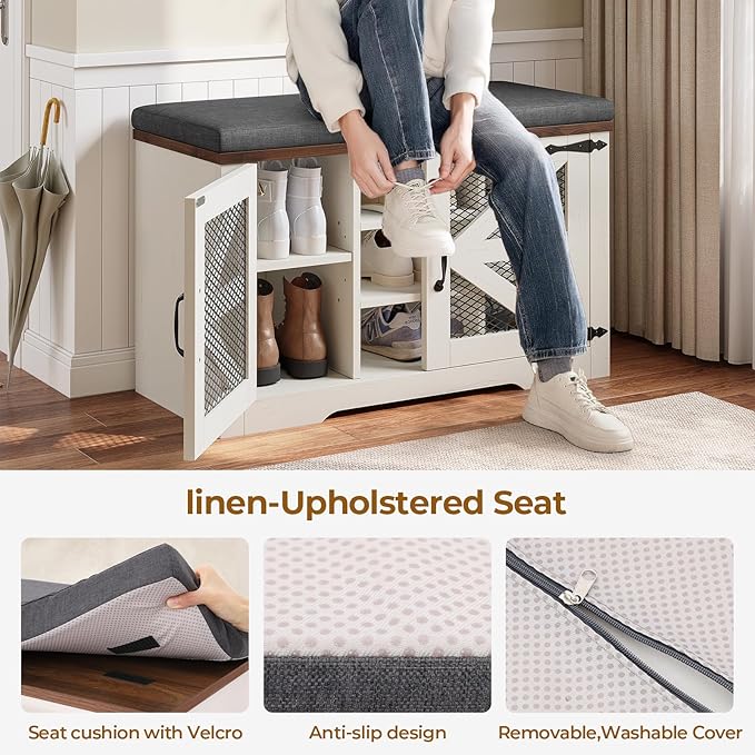 Farmhouse Storage Bench with Cushion, Metal and Wood Shoe Rack Organizer, Adjustable Shelf, Shoe Cabinet with Half Hidden Storage Space, for Entryway, Bedroom, Living Room (Old White, 31.4in)-PurrikoPets