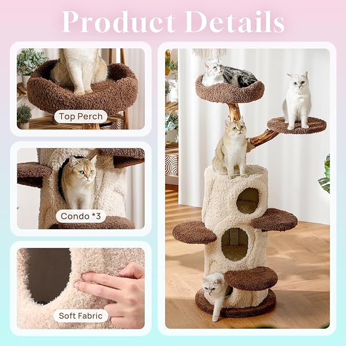 54.7'' Tall Modern Wood Cat Tree with 3 Level House, Luxury Cat Tower for Home Decoration, Large Cat Condo for Multi-Cat Families-PurrikoPets