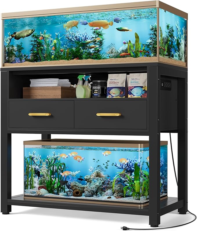 40-50 Gallon Aquarium Stand with Stable Metal Frame & Power Outlet, Heavy-Duty Fish Tank Stand with Waterproof Mat, 800LBS Capacity Storage Cabinet, Suitable for Turtle Tank, Reptile Terrarium, Black-PurrikoPets