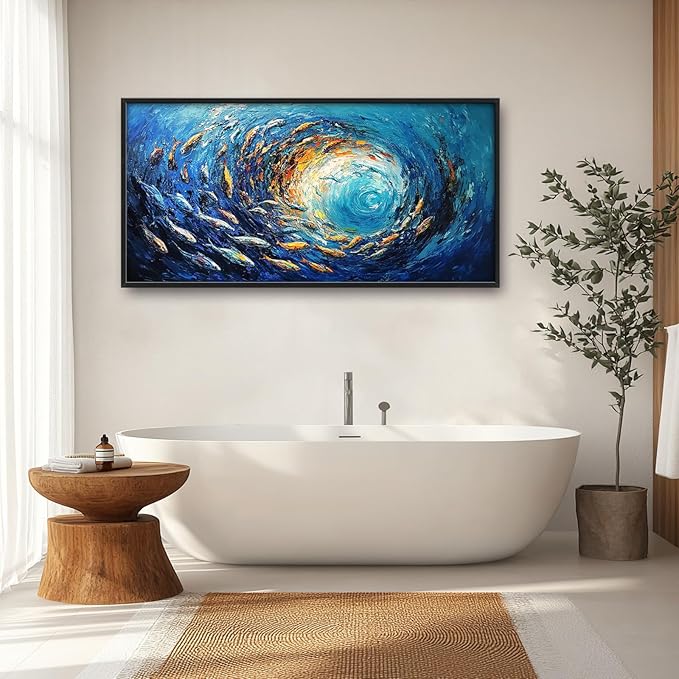 Extra Large Framed Abstract Ocean Fish Wall Art,Oversized Blue Sea Nautical Fish Wall Decor Pictures for Living Room,Canvas Print Painting Modern Artwork Bedroom Office Bathroom Home Decor 60L x30W-PurrikoPets