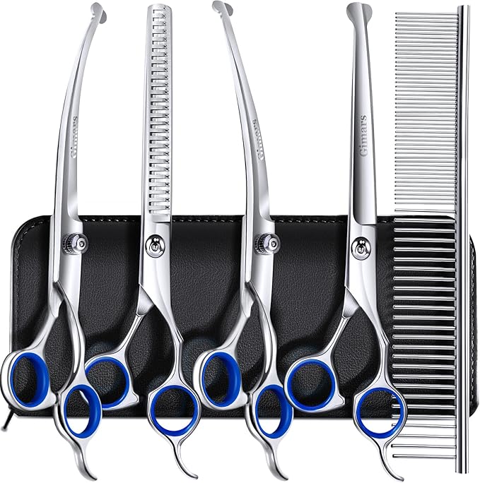 Gimars 7.0in Professional 4CR Stainless Steel Safety Round Tip 6 in 1 Dog Grooming Scissors Heavy Duty Titanium Coated Pet Grooming Scissor for Dogs, Cats and Other Animals-PurrikoPets