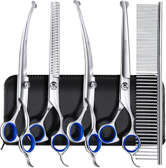 Gimars 7.0in Professional 4CR Stainless Steel Safety Round Tip 6 in 1 Dog Grooming Scissors Heavy Duty Titanium Coated Pet Grooming Scissor for Dogs, Cats and Other Animals-PurrikoPets