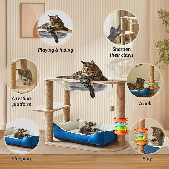 2 Tier Cat Tower,21.85 in cat Perch Wood cat condo with Hammock and Sisal Rope Scratcher Post Hanging Toy Balls for Indoor Large Cats Kittens (Blue)-PurrikoPets