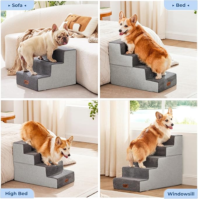 Dog Steps for Couch - Extra Wide Pet Stairs for Small Dogs and Cats, Dog Steps with Non-Slip Bottom Grey 3 Steps, Grey-PurrikoPets