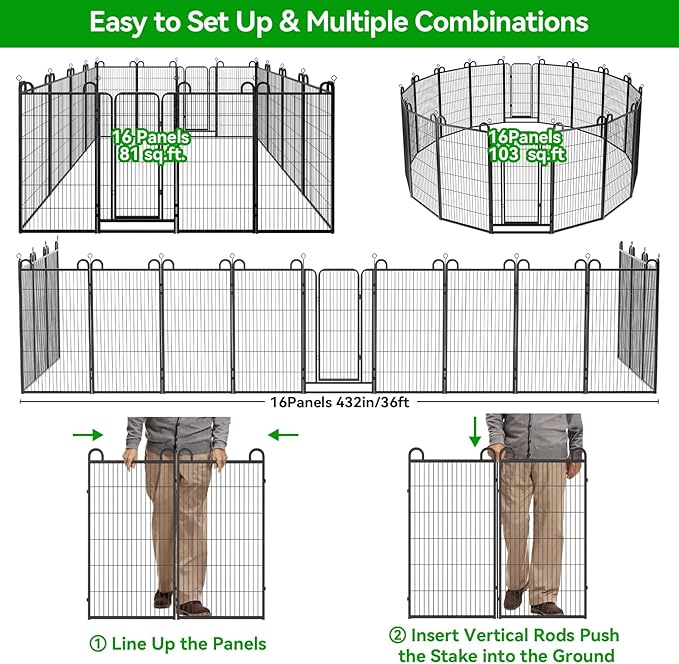Dog Playpen Outdoor 16 Panels Heavy Duty Dog Fence 47" Height Anti-Rust with Doors Portable for RV Camping Yard, Total 36FT, 103 Sq.ft, Snowy Black-PurrikoPets