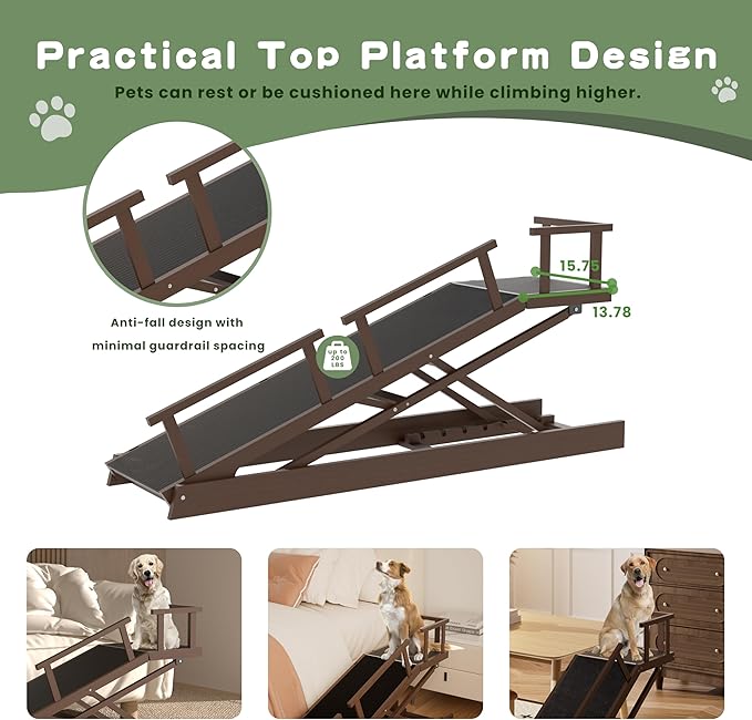 6 Level Height Adjustable Dog Ramp for Bed, Couch 65" Foldable Pet Ramp with Non-Slip Mat，DIY Glow Strips & Rest Platform Heavy Duty Dog Stairs for Large Dogs up to 200Lbs ，Brown-PurrikoPets