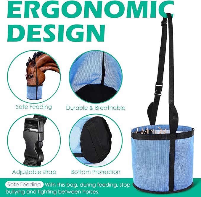 2 Pcs Horses Feed Horse Bag for Grain Hay Bags Heavy Duty Mesh Horse Feeder with Adjustable Strap Comfort Neck Pad Nose Pad and Waterproof Bottom Muzzle(Blue)-PurrikoPets
