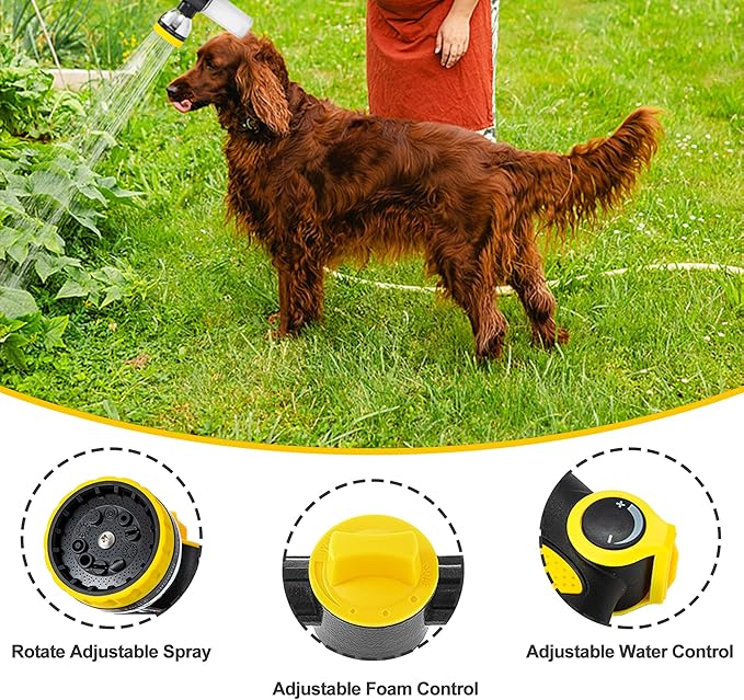 Dog Washing Hose Attachment, 10-in-1 Soap Sprayer Moden Garden Hose Nozzle with 100cc Soap Dispenser, Dog Wash Supplies with Dog Bath Brush & Pet Comb, Foam Gun Car Wash Sprayer (Yellow)-PurrikoPets