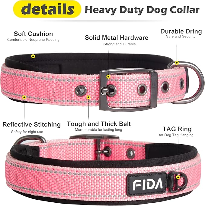 Fida Heavy Duty Dog Collar, Ultra Comfortable Soft Neoprene Padded, Adjustable Reflective Nylon Pet Collar with Durable Metal Belt Buckle for Large Breeds (L, Pink)-PurrikoPets