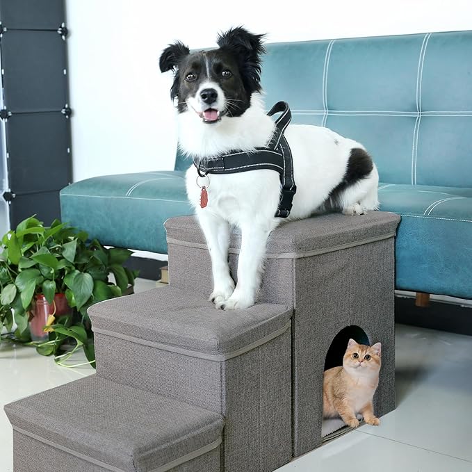 Dog Stairs with Storage Dog Steps for High Beds 3-Step Pet Stairs Ramp with Storage Box and Condo for Small Dogs Cats Pets-PurrikoPets