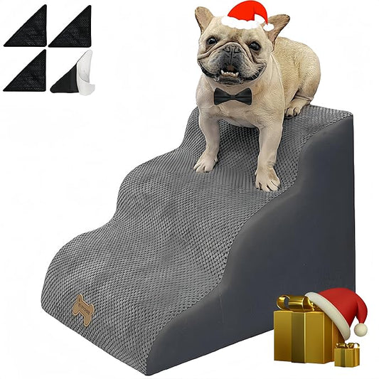 Dog Stairs to high beds, 3-step dog stairs for dogs to get on bed couch high 16"-20 inch, dog pet stairs for small large dogs cats climbing to bed, Non-Slip balanced doggy Grey (23.7*15.8*15.8 IN 33D)-PurrikoPets