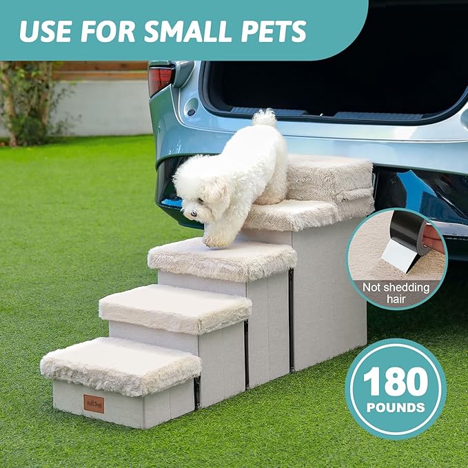Dog Stair for Small Dogs with Storage, 21" H Foldable Pet Step with Soft Cover, Older Cat Ramp for High Bed or Car, Lightweight, Comfort, 39.7x13x21.2 inch, 5 Tiers, Beige-PurrikoPets