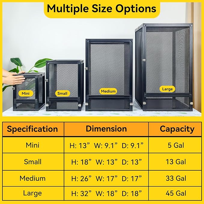 45 Gallon 360° Panoramic Foldable Reptile Terrarium Kit: Crested Gecko Tank and Reptile Cage for Superior Ventilation, Easy Feeding, Sturdiness, and Simple Assembly (Black, 32"x18"x18")-PurrikoPets