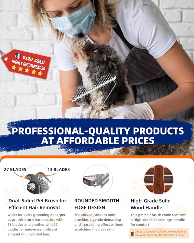 Extra Large 2-Sided Undercoat Rake for Dogs & Cats, Dog Brush for Shedding Remove Mats, Dematting Comb, Safe&Gentle Grooming Brush for German Shepherds Medium to Long-Haired Pets,Premium Wooden Handle-PurrikoPets