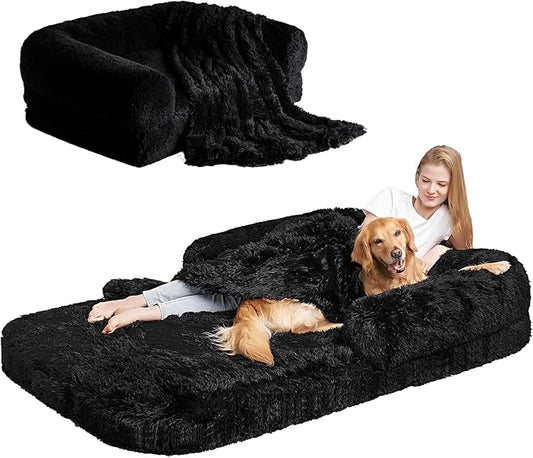 EHEYCIGA Foldable Human Dog Bed, Orthopedic Memory Foam Human Sized Dog Bed, Waterproof Pet Bed for People, Faux Fur Pet Couch for Adult, Black, 72"x44"x11"-PurrikoPets