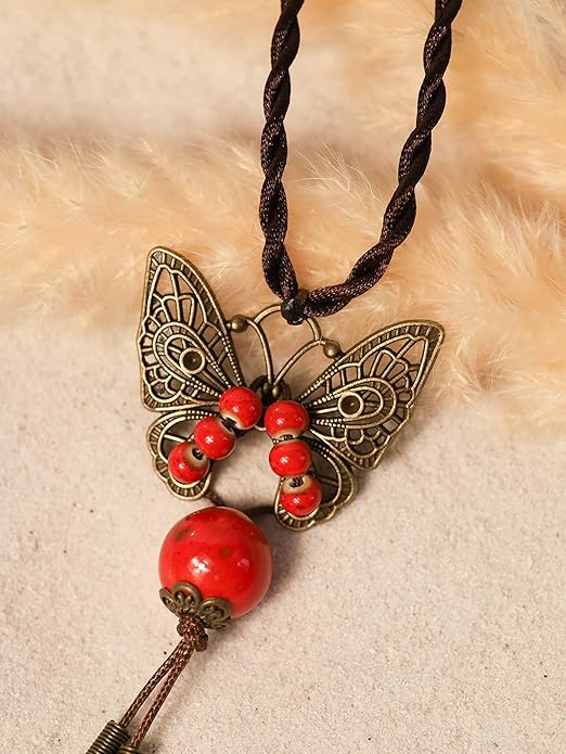 MINACHI Hippie Boho Colorful Ceramic Bead Butterfly Charm Pendant Y Necklace, Vintage Bohemian Statement Jewelry Gift for Women