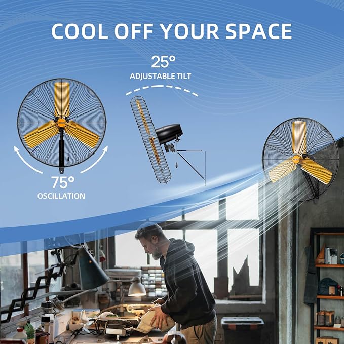 30 inch Oscillating High Velocity Wall Mount Fan, 8550 CFM Industrial Heavy Duty Metal Wall Fans, 3 Speeds, Adjustable Height and Tilt, Commercial Shop Fan for Garage, Workshop-PurrikoPets