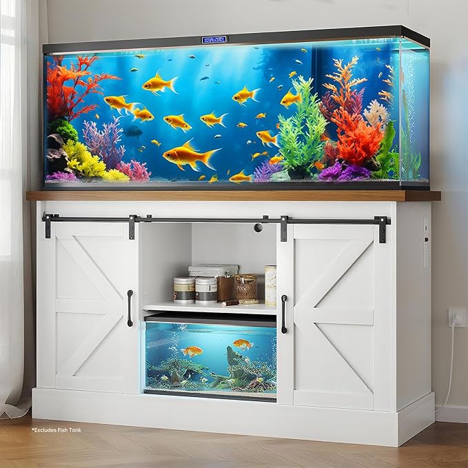 55-75 Gallon Fish Tank Stand with Sliding Barn Doors & Power Outlet, Heavy Duty Aquarium Stand with Cabinet Storage for Fish Tank, Turtle Tank, Reptile Terrarium, 1000LBS Capacity, White-PurrikoPets