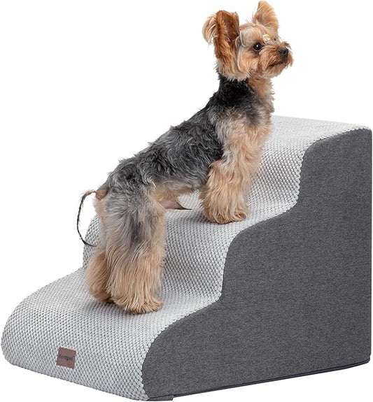 Dog Stairs for Couch Sofa and Chair, 3-Step Dog Steps for Small Dogs and Cats, Non-Slip Indoor Pet Step, Light Grey-PurrikoPets