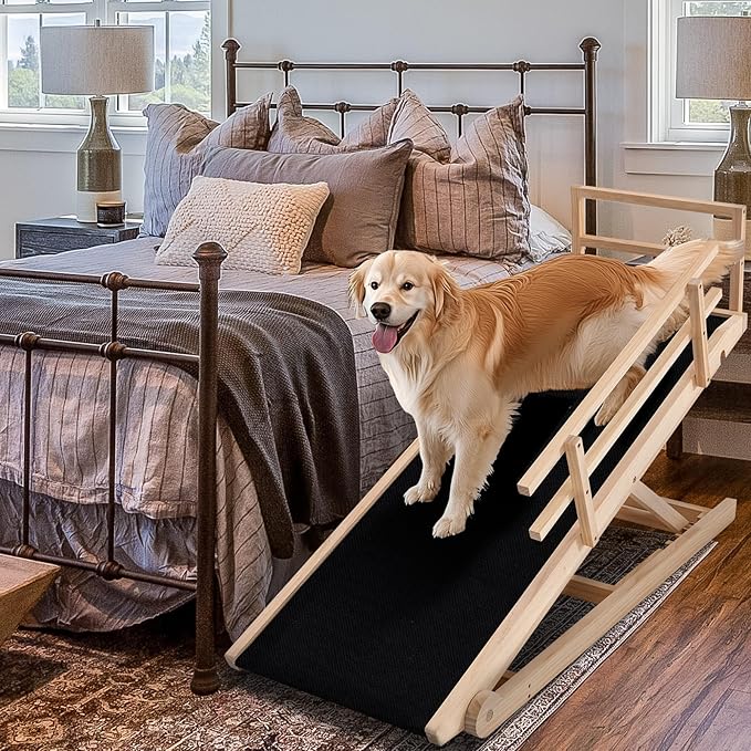 Dog Ramp, 5 Level Adjustable Height Folding Pet Ramp for High Bed, Portable Paw Ramps Large Bed Ramp for Medium & Large Old Dogs & Cats - Natural Wood Furniture Quality-PurrikoPets