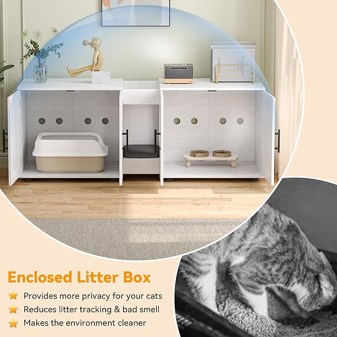 Gaomon Litter Box Enclosure with Double Cage, Cat House,Hidden Litter Box Enclosure Furniture for 2 Cats, Wooden Enclosed Cat Litter Box Furniture,55”L x 17.7”W x 22.5”H,White-PurrikoPets