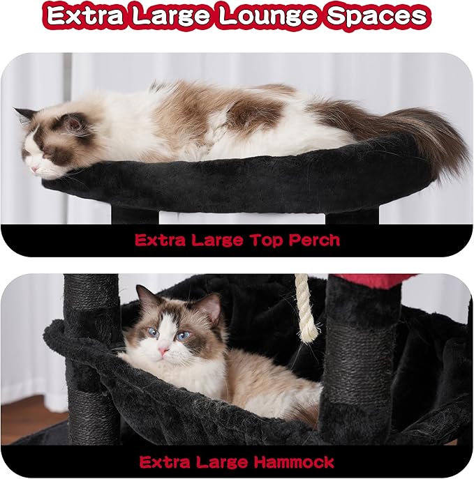 Gothic Cat Tree, Cat Tower for Large Cats with 2 Big Platforms, 2 Baskets, condo and Toys, 63" Cat Scratching Posts for Indoor Cats, Black and red GCT020BR-PurrikoPets