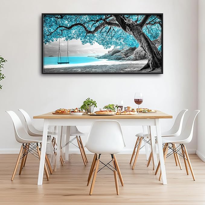 Extra Large Framed Abstract Tree Wall Art,Black and White Tree of Life Wall Decor,Blue Teal Sea Pictures for Living Room,Canvas Print Painting Modern Artwork Bedroom Office Bathroom 60L x 30W-PurrikoPets