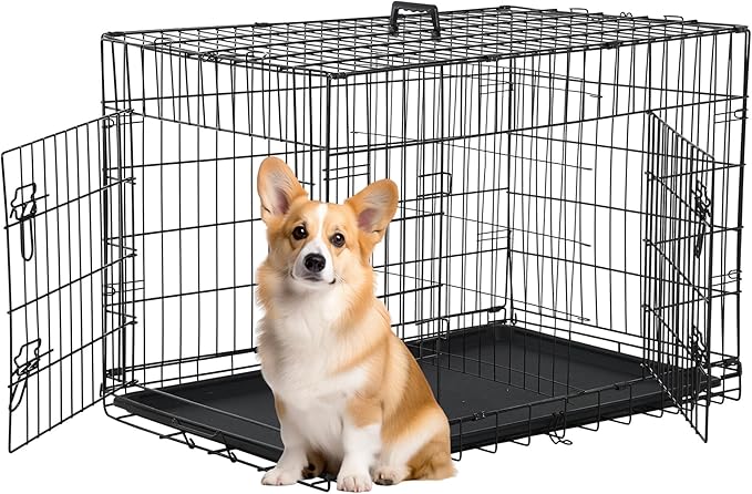 FDW 30 inch Dog Crate Dog Kennel Cage with Double Door Folding Metal Wire Dog Cage with Removable Tray&Divider Panel,Pet Crate for Medium Dogs,Black-PurrikoPets