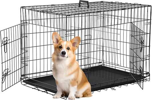 FDW 30 inch Dog Crate Dog Kennel Cage with Double Door Folding Metal Wire Dog Cage with Removable Tray&Divider Panel,Pet Crate for Medium Dogs,Black-PurrikoPets